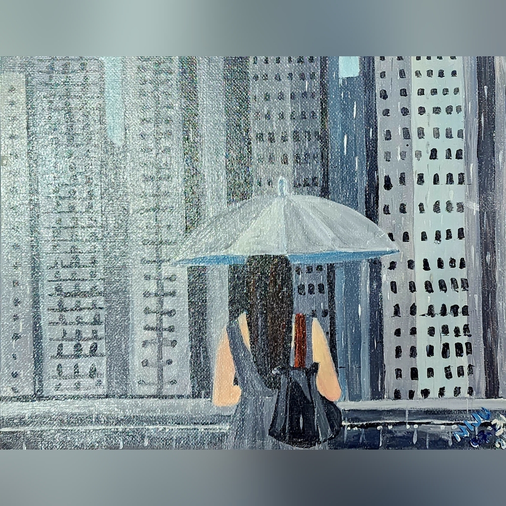 Original Unframed Acrylic Painting Of Women In Rain On 8x10 Canvas Board - Picture 6 of 8